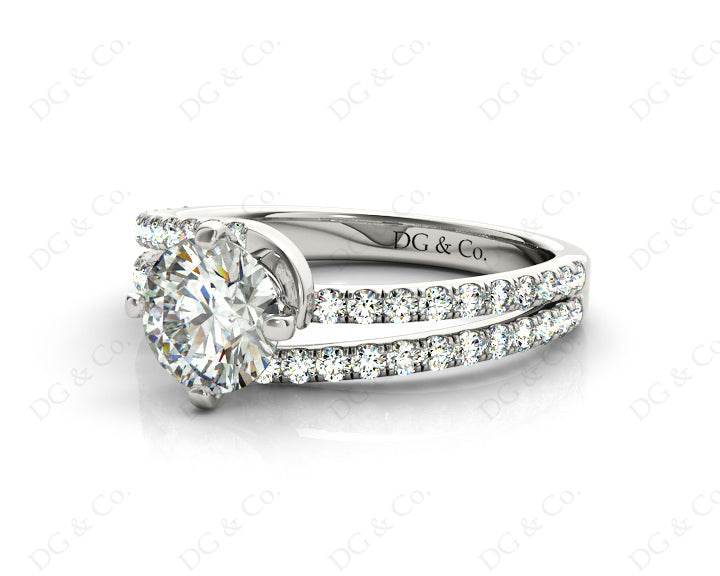 Round Cut Split Shank Diamond Engagement Ring with a Twist Band and Pave Set Side Stones in 18K White - DG & Co. Jewellery