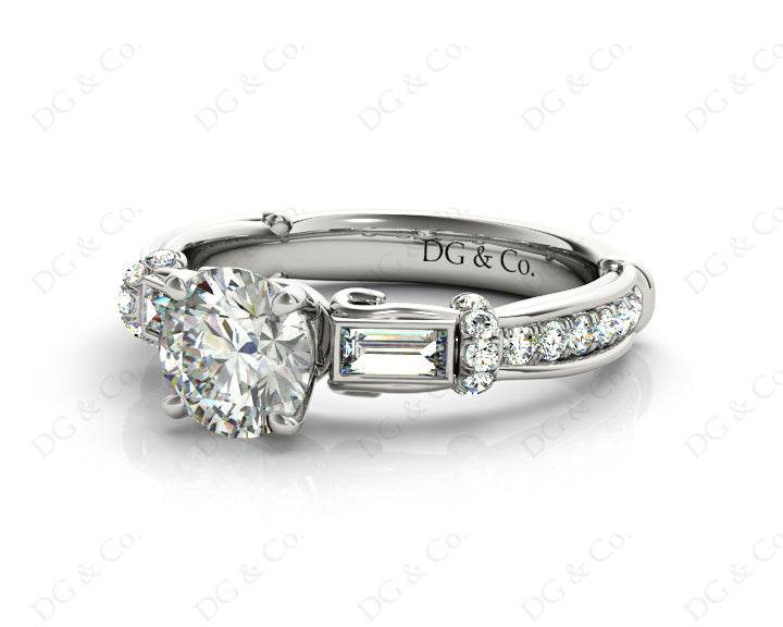 Round Cut Vintage Style Three Stone Engagement Ring with Tapered Baguette Bezel Set and Pave Set Side Stones - 18K White - DG & Co. Jewellery