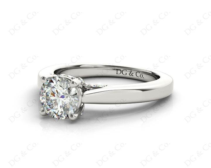 Round Cut Classic Solitaire Four Claws Diamond Engagement Ring with Micro Pave Set Prongs - 18K White - DG & Co. Jewellery