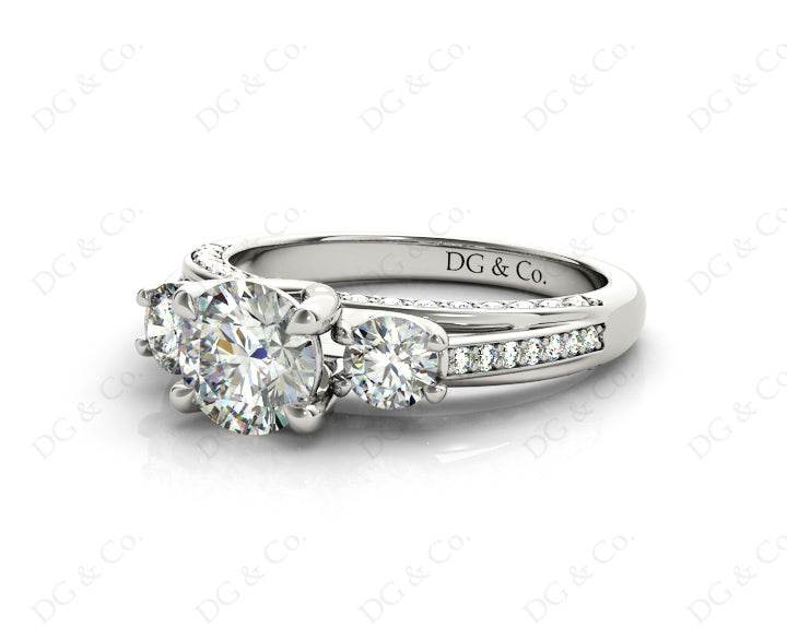 Three Stone Diamond Engagement Ring Round Cut with a Channel Share Prong Shoulder Setting - 18K White - DG & Co. Jewellery