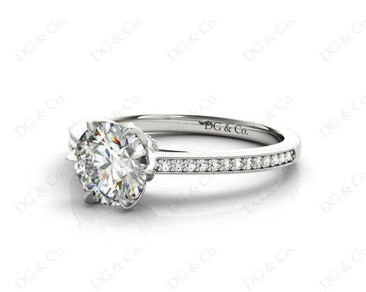 vintage Style Round Cut Diamond Ring With Six Claws Set Centre Stone - Platinum - DG & Co. Jewellery
