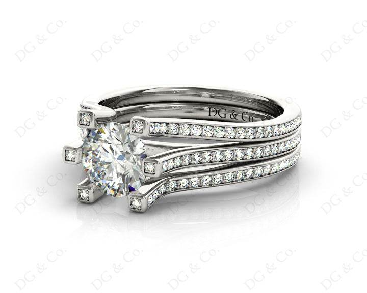 Round Cut Six Claws Diamond Signature Ring with Channel set Down in the Shoulders in 18K White - DG & Co. Jewellery