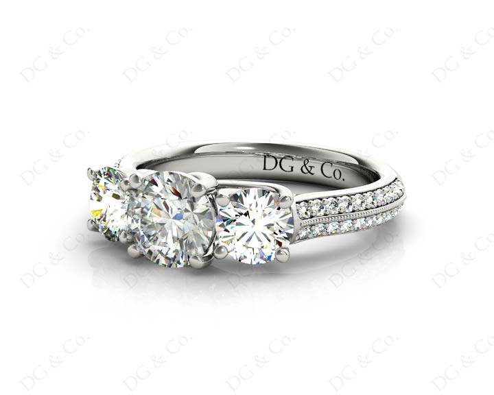 Round Cut Trilogy Diamond Engagement ring with claw set center stone - Platinum - DG & Co. Jewellery