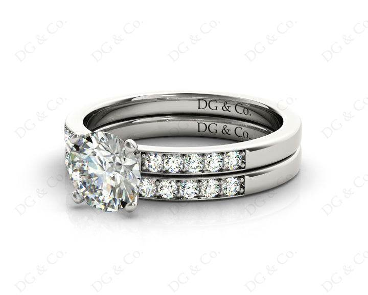 Diamond Wedding Set Rings Round Cut Diamond with Channel Share Prong Setting Side Stones in 18K White Gold - DG & Co. Jewellery