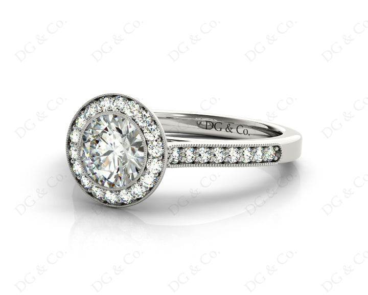 Round Cut Halo Diamond Engagement Ring with Bezel Milgrain Set Centre stone - Platinum - DG & Co. Jewellery