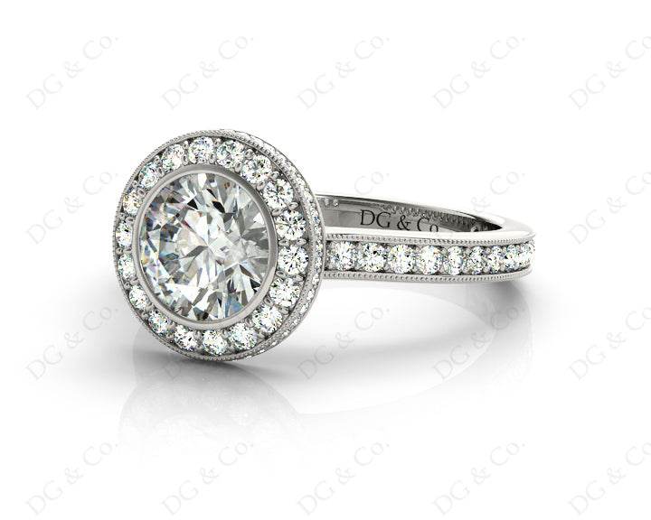 Vintage Style Round Cut Halo Diamond Ring with Bezel Set Centre Stone - 18K White - DG & Co. Jewellery