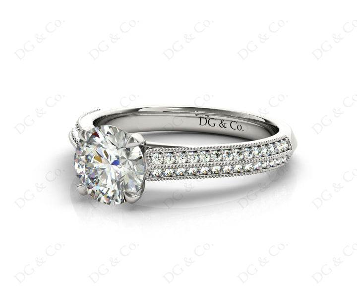 Round Cut Four Claws Diamond Ring in a Milgrain Pave Setting Side Stones in 18K White - DG & Co. Jewellery