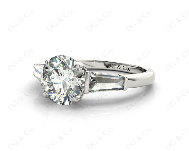 Round Cut Classic Three Stones Ring with Tapered Baguettes Diamond - Platinum - DG & Co. Jewellery