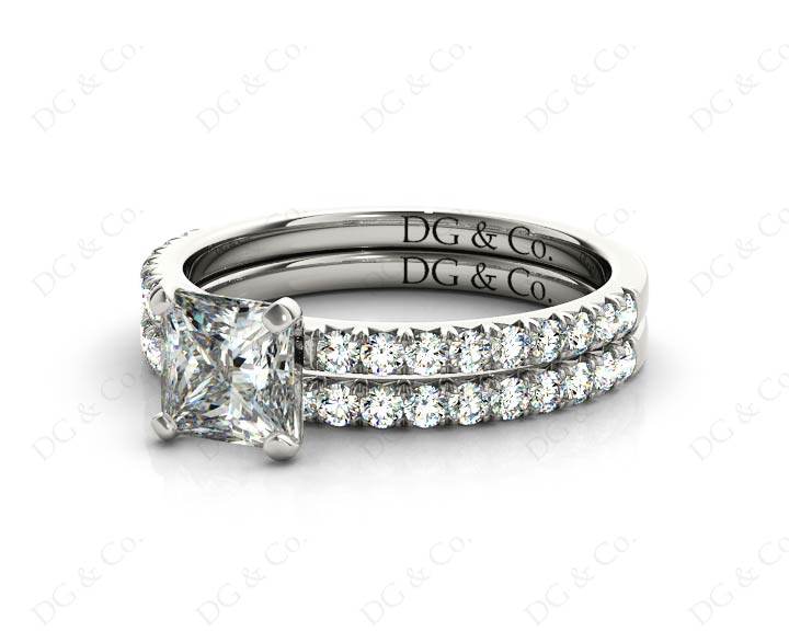 Princess cut diamond wedding set rings four claws setting With Pave Setting Side Stones - 18K White - DG & Co. Jewellery