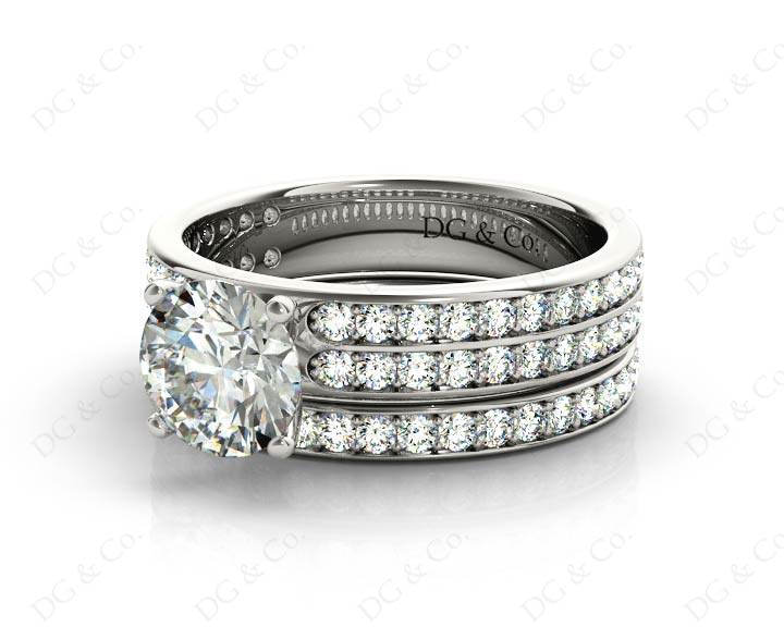 Round Cut Diamond Wedding Set Rings with Pave Setting Side Stones in 18K White - DG & Co. Jewellery