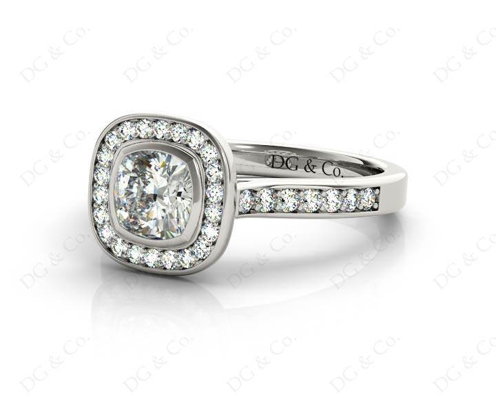 Cushion Cut Halo Ring with Bezel set centre stone with Side Stones - 18K White - DG & Co. Jewellery