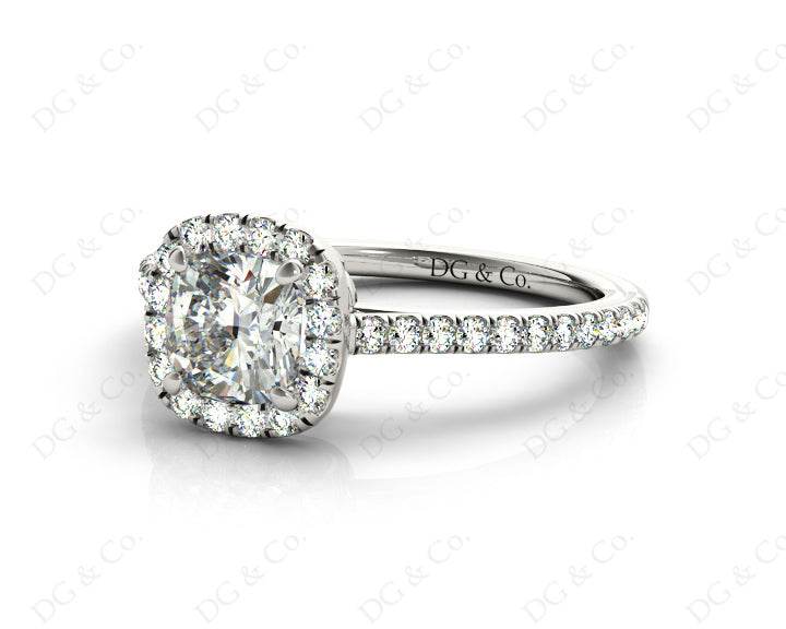 Cushion Cut Halo Diamond Engagement Ring with Claw Set Centre Stone with Pave Set Side Stones - 18K White - DG & Co. Jewellery