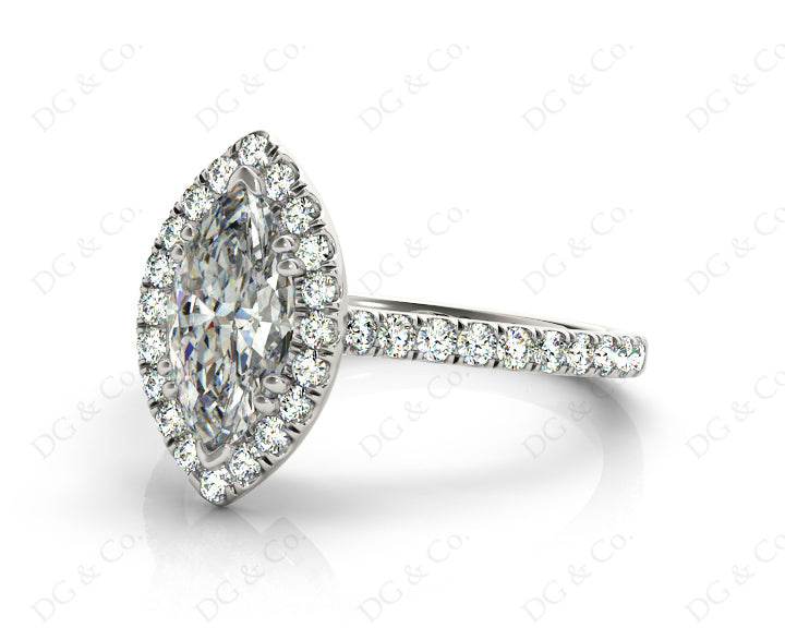 Marquise Cut Halo Diamond Engagement Ring with Claw Set Centre Stone with Pave Set Side Stones - Platinum - DG & Co. Jewellery