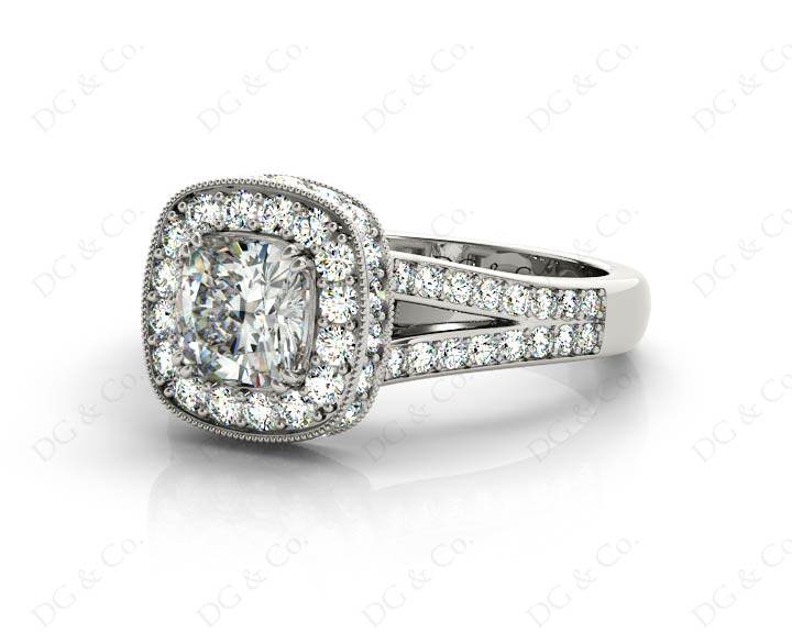 Cushion Cut Halo Ring with Milgrain claw set centre stone - 18K White - DG & Co. Jewellery