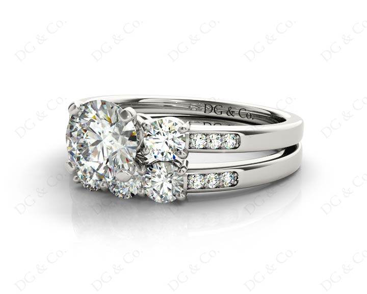 Round Cut Diamond trilogy wedding set rings with claw set side stone - 18K White - DG & Co. Jewellery