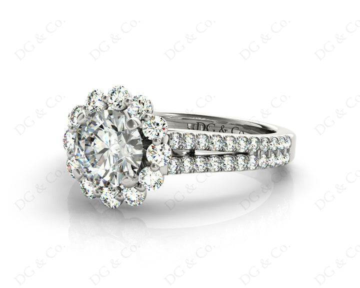 Round Cut Halo Flower Diamond Engagement Ring Split Band with Claw Set Centre Stone - Platinum - DG & Co. Jewellery
