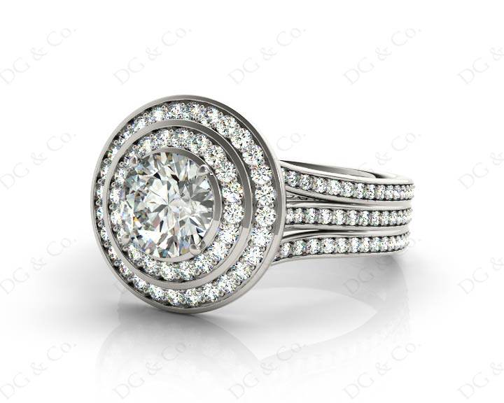 Round cut double halo diamond engagement ring with four claw setting centre stone - Platinum - DG & Co. Jewellery