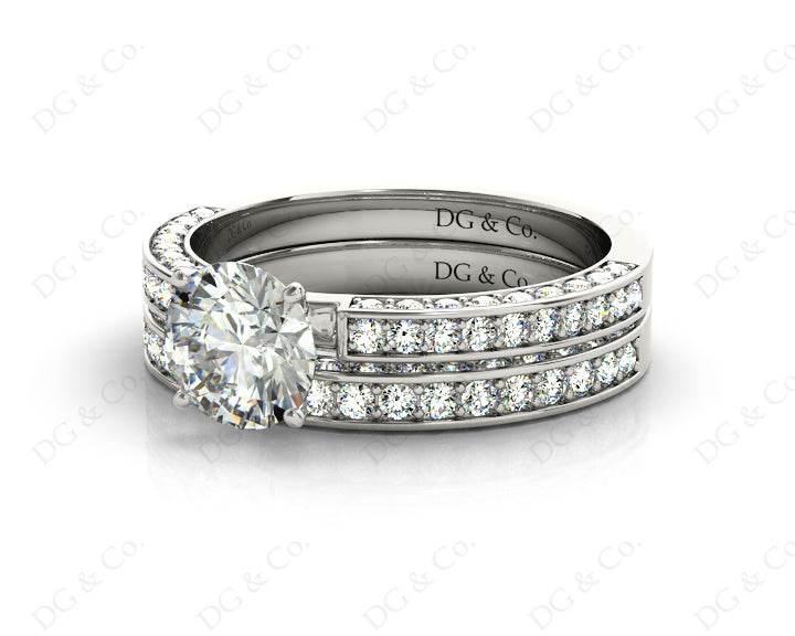 Engagement and Wedding Ring Set Round Cut Diamond Wedding Set Rings with Pave Setting Side Stones in 18K White - DG & Co. Jewellery