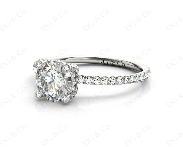 Round Cut Four Claw Set Diamond Ring with Scallop Set Round Cut Diamonds Pave Setting with two Side Halos and on the Band - Platinum - DG & Co. Jewellery