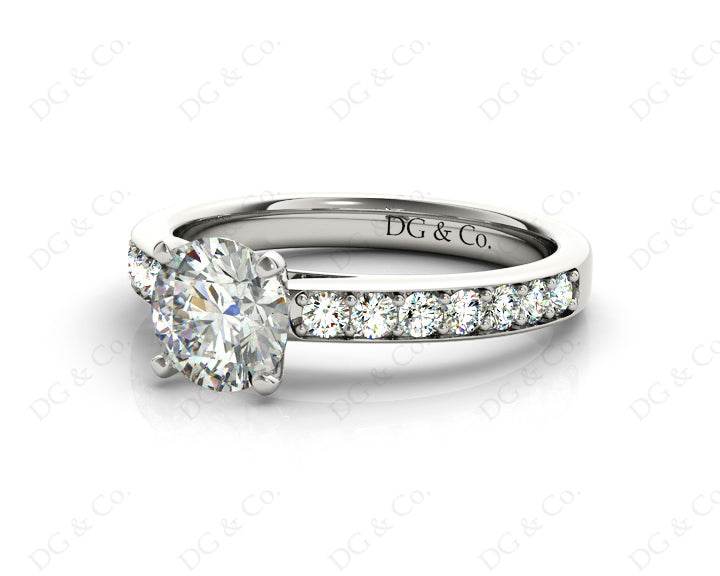 Round Cut Four Claws Set Diamond Ring with Channel Set Side Stones - 18K White - DG & Co. Jewellery