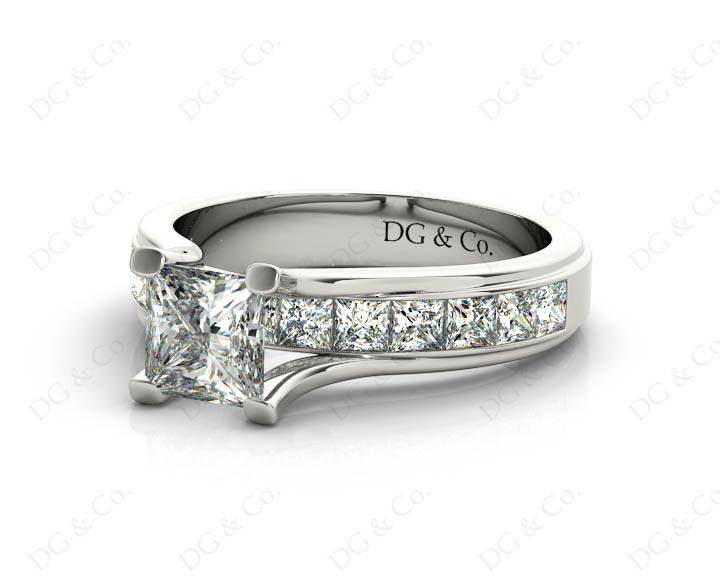 Princess Cut Diamond Engagement ring with four claws Channel Setting Side Stones in 18K White - DG & Co. Jewellery