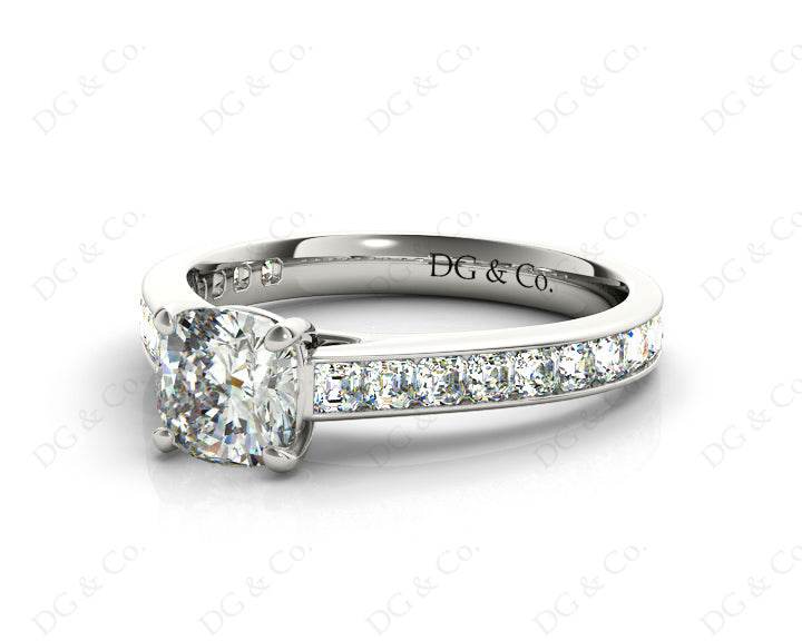 Cushion Cut Four Claws Set Diamond Ring with Channel Set Side Stones - 18K White - DG & Co. Jewellery