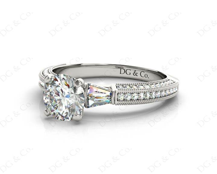 Vintage Style Round Cut Four Claw Diamond Ring with Pave Milgrain Set Side Stones In 18K White - DG & Co. Jewellery