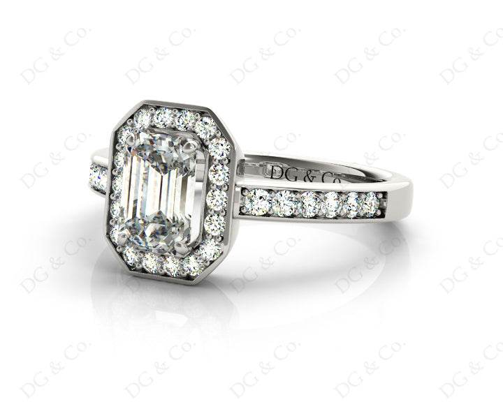 Emerald Cut Halo Diamond Engagement Ring with Claw Set Centre Stone - 18K White - DG & Co. Jewellery