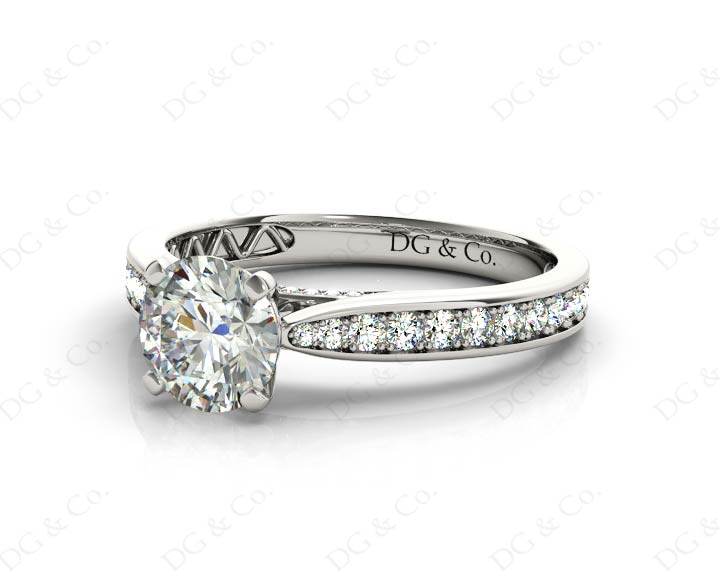 Round Cut Four Claw Set Diamond Ring with Pave Set Stones Down the Shoulders and on Both Sides - 18K White - DG & Co. Jewellery