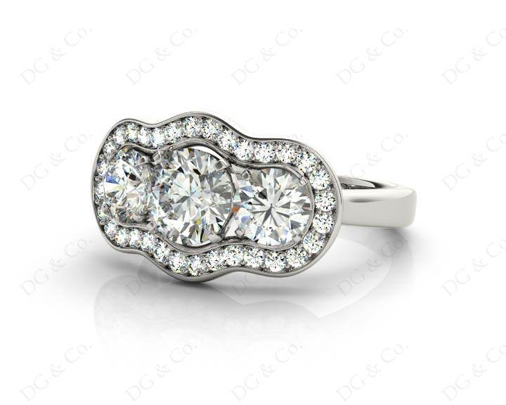 Round Cut Halo Trilogy Diamond Engagement Ring with Pave Set Side Stone In Platinum - DG & Co. Jewellery