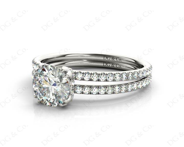 Round Cut Four Double Claw Set Diamond Ring with Pave Set Diamonds Down The Shoulders in 18K White - DG & Co. Jewellery