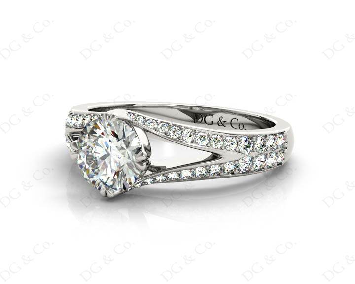 Round Cut Four Claw Set Diamond Ring with Round Cut Diamonds Down the Shoulders - 18K White - DG & Co. Jewellery