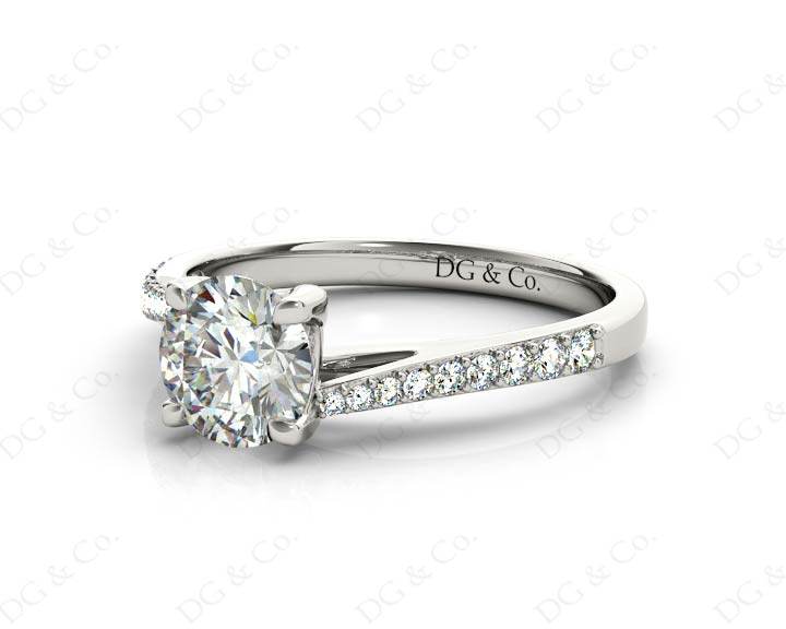 Round Cut Four Claw Set Diamond Ring with Pave Set Diamonds Down the Shoulders - 18K White - DG & Co. Jewellery