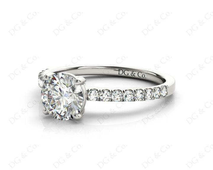 Round Cut Four Claws Diamond Ring with channel Set Side Stones - 18K White - DG & Co. Jewellery