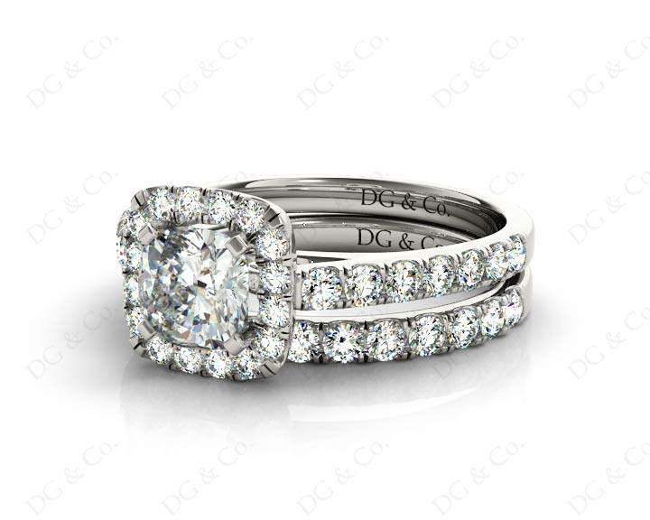 Cushion cut halo diamond wedding set rings with four claw setting - 18K White - DG & Co. Jewellery