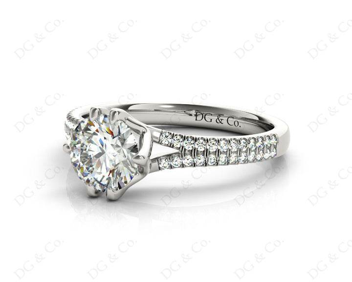 Round Cut Six Prongs Diamond Ring with Pave Set Split Band - 18K White - DG & Co. Jewellery
