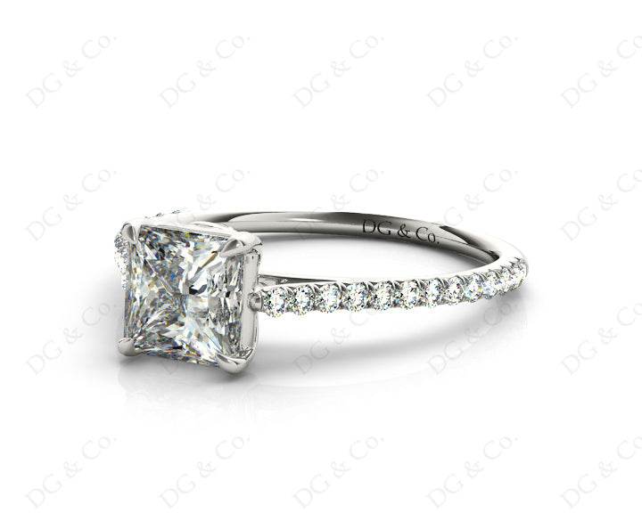 Princess Cut Four Claws Diamond Engagement Ring Pave Set Side Stones - Platinum - DG & Co. Jewellery