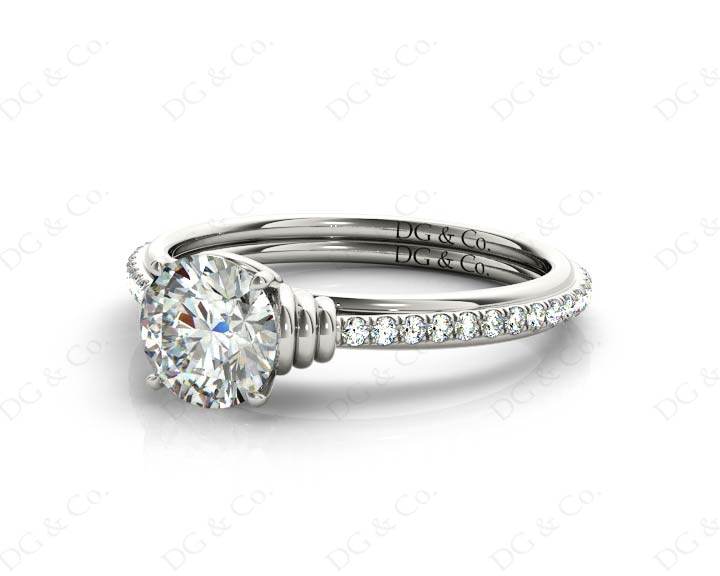 Round Cut Four Claw Set Diamond Ring with Pave Set Diamonds on the Band - 18K White - DG & Co. Jewellery
