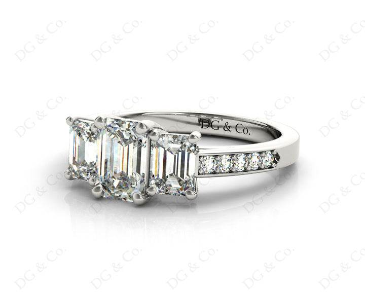 Emerald Cut Trilogy Ring with Channel Set Shoulder Diamonds - 18K White - DG & Co. Jewellery