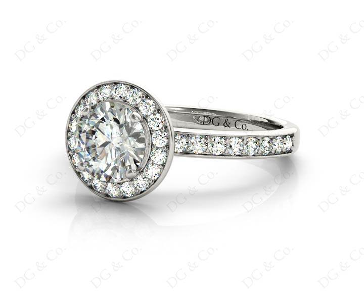 Round cut halo diamond engagement ring with four claw setting in Platinum - DG & Co. Jewellery