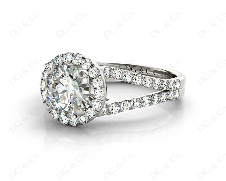 Split Band Round Cut Halo Diamond Engagement ring with claw set centre stone in Platinum - DG & Co. Jewellery
