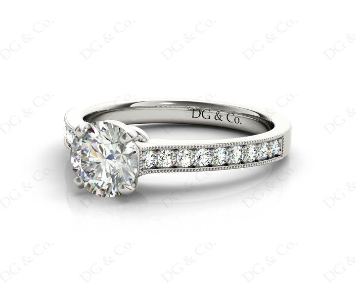 Round Cut Four Claw Set Milgrain Diamond Engagement Ring With Pave Side Stones - 18k White - DG & Co. Jewellery