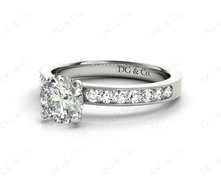 Round Cut Four Claw Set Diamond Ring with Channel Set Side Stones Down the Shoulders - Platinum - DG & Co. Jewellery