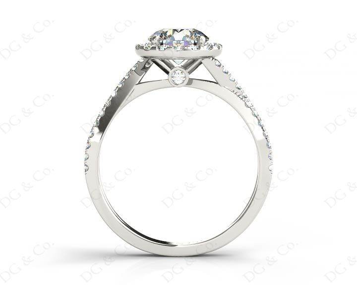 Round Cut Split Shank Diamond Halo Engagement Ring with Pave Set Side Stones Down the Band in 18K White - DG & Co. Jewellery