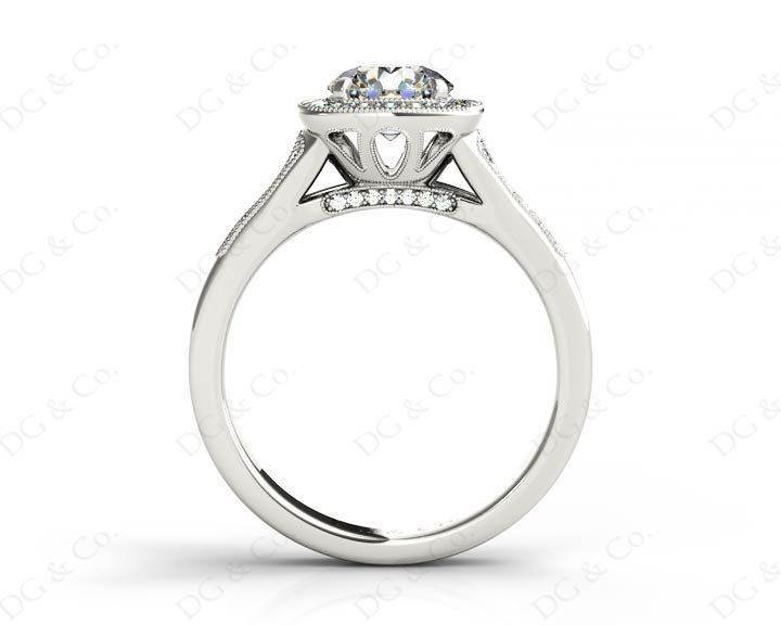 Vintage Style Round Cut Split Shank Milgrain Halo Set Engagement Ring with Channel Set Side Stones in Platinum - DG & Co. Jewellery
