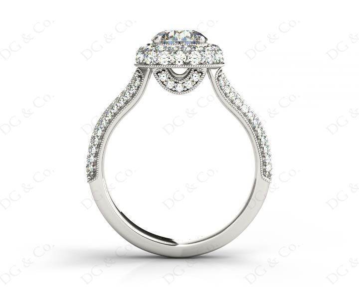 Round Cut Split Shank Milgrain Halo Engagement Ring with Micro Pave Set Diamonds on the Halo and Sidestones in Platinum - DG & Co. Jewellery