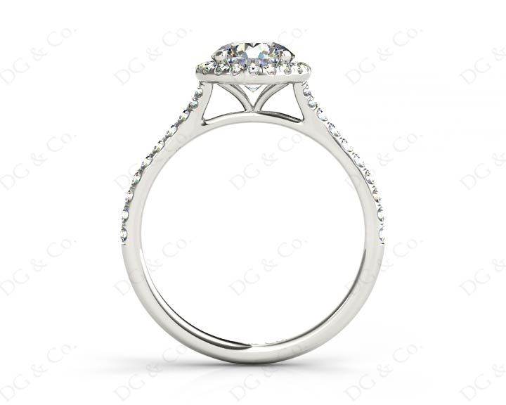 Round Cut Diamond Ring With Round Cut Diamonds Scallop Set on the Halo and Down the Shoulders - Platinum - DG & Co. Jewellery