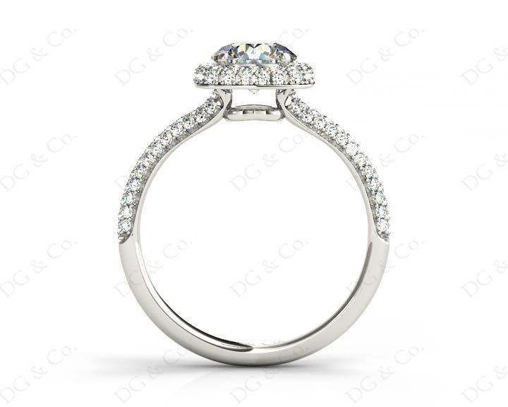 Round Cut Diamond Ring with Micro Pave Set Diamonds on Halo and Down the Shoulders - Platinum - DG & Co. Jewellery
