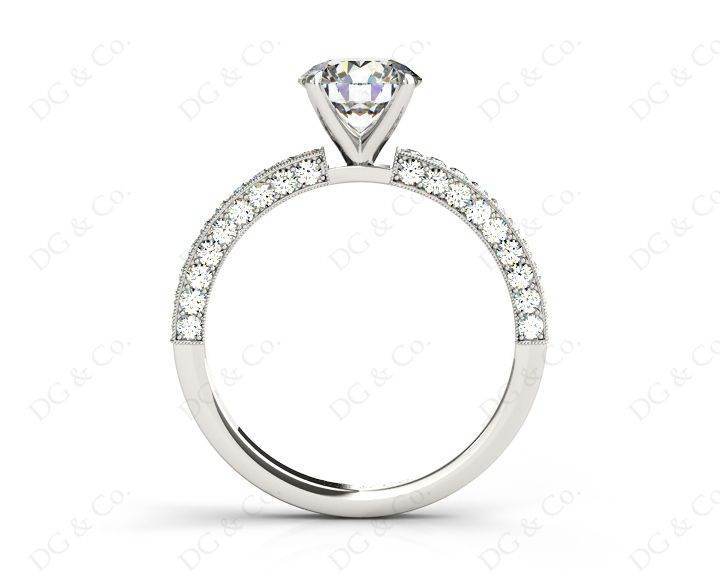 Round Cut Four Claws Side Stone Engagement Ring with Milgrain Set Side Stones in Platinum - DG & Co. Jewellery