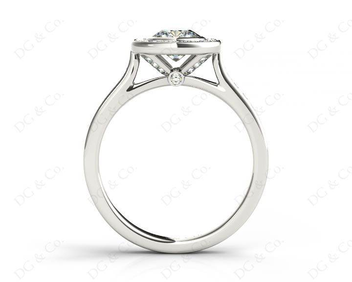 Cushion Cut Halo Ring with Bezel set centre stone with Side Stones - Platinum - DG & Co. Jewellery